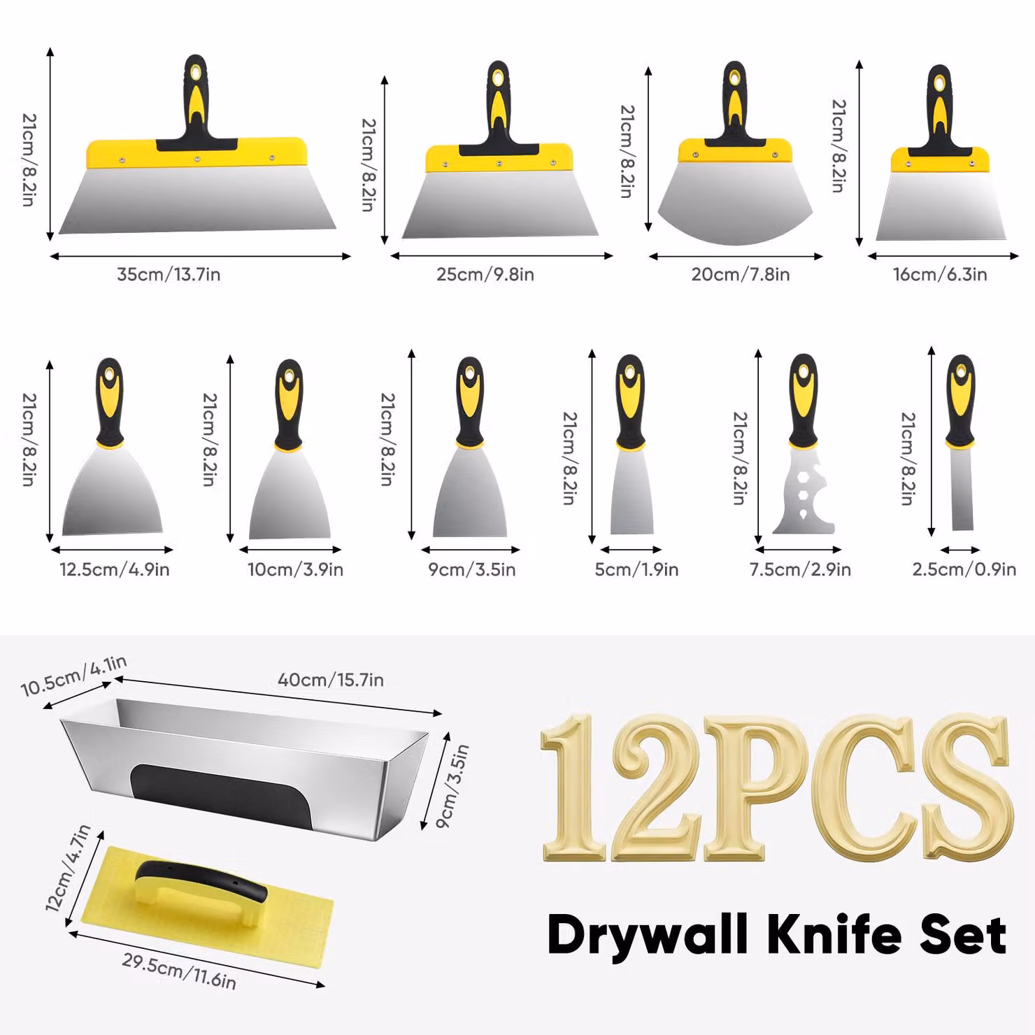 Set di utensili per cartongesso, 12 pezzi, realizzati in acciaio inossidabile