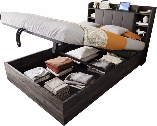 Letto Matrimoniale Contenitore 140x200 cm Grigio con Sollevamento Idraulico; Testiera Portaoggetti; USB e Type-C