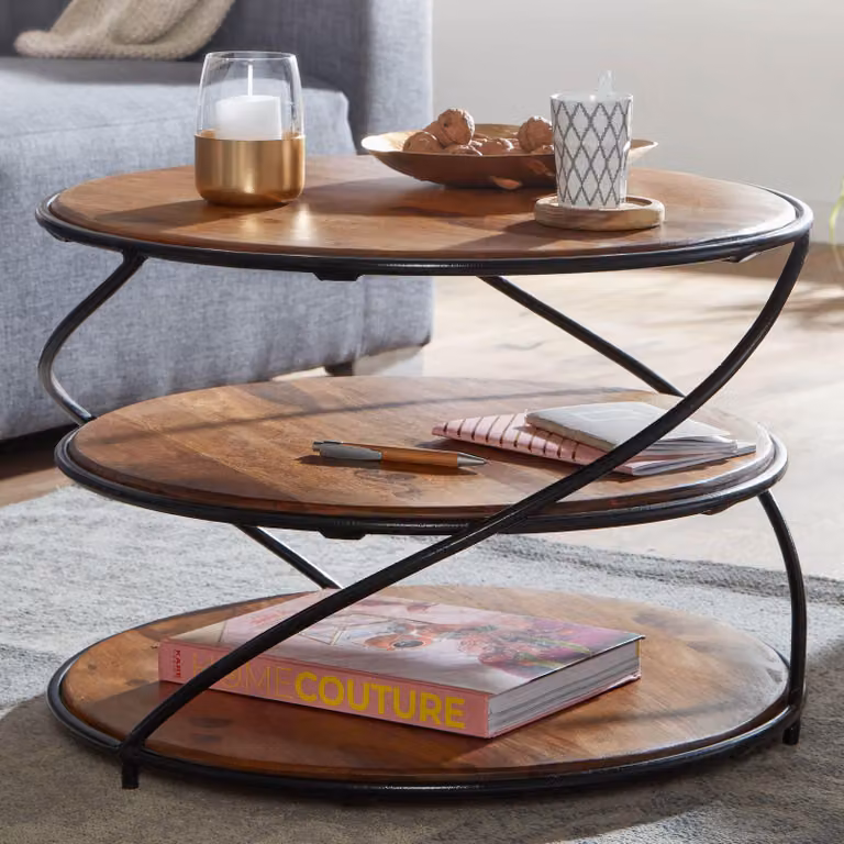 FineBuy Tavolino da caffè rotondo in legno massiccio di Sheesham Ø58 cm con 3 ripiani Tavolo da salotto fatto a mano in legno e metallo Tavolino in stile industriale