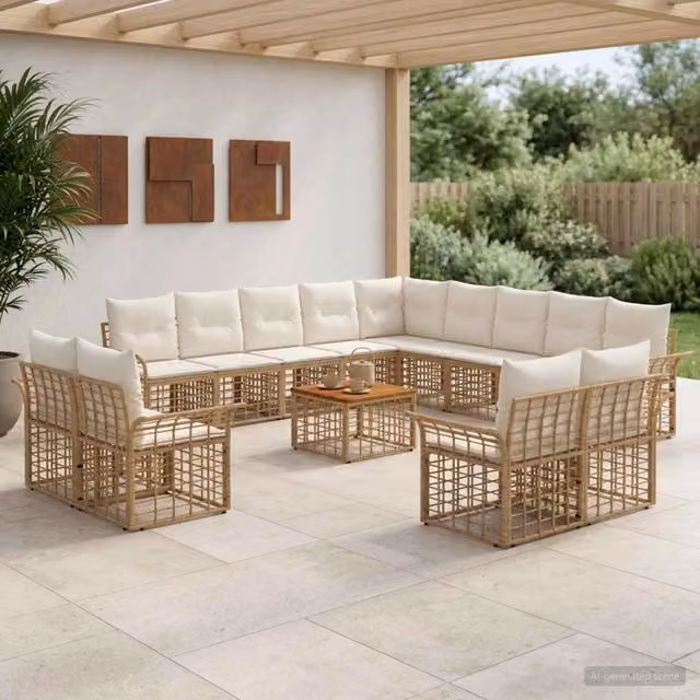 Set di divani da esterno vidaXL a 13 posti in stile moderno, composizione a U con cuscini inclusi, colore naturale e bianco crema – 1