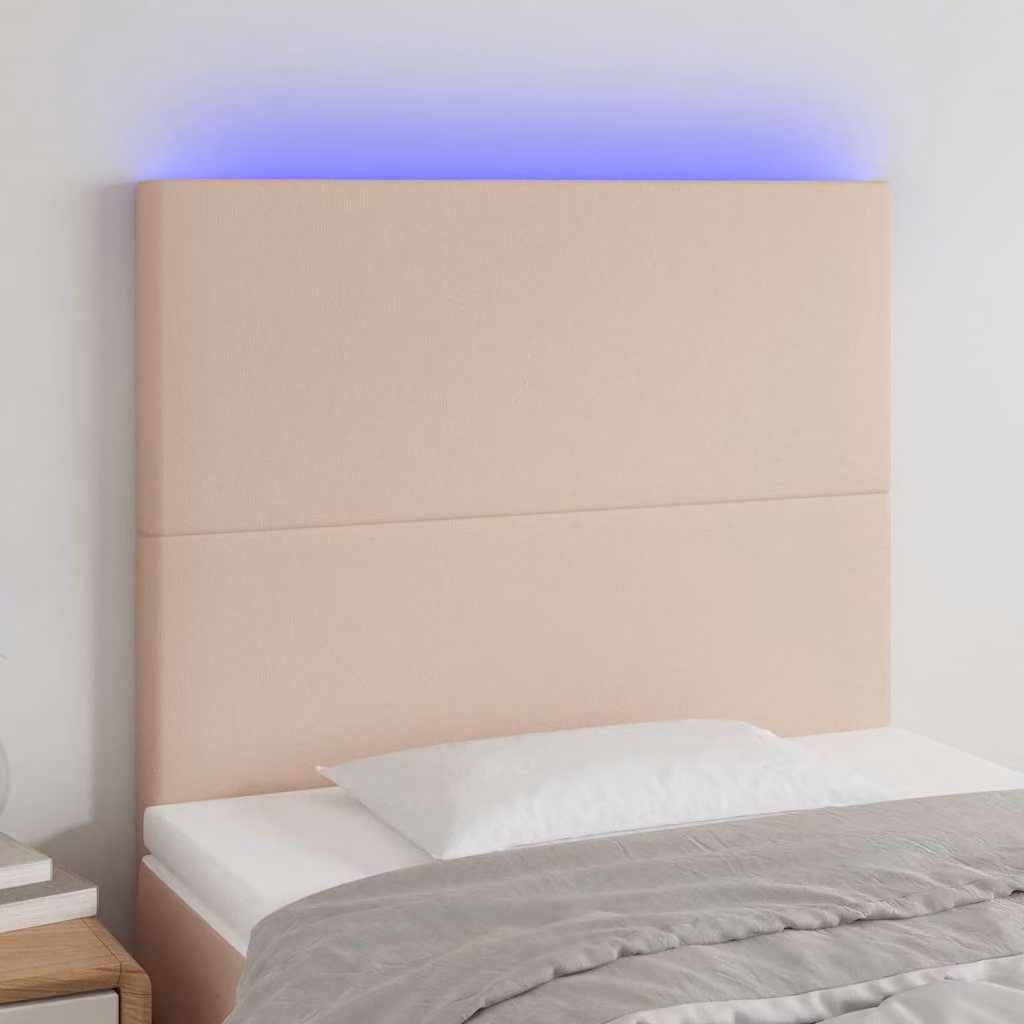 Testiera per letto vidaXL in similpelle color cappuccino con illuminazione LED e porta di ricarica USB, L 90 x P 5 x H 118/128 cm