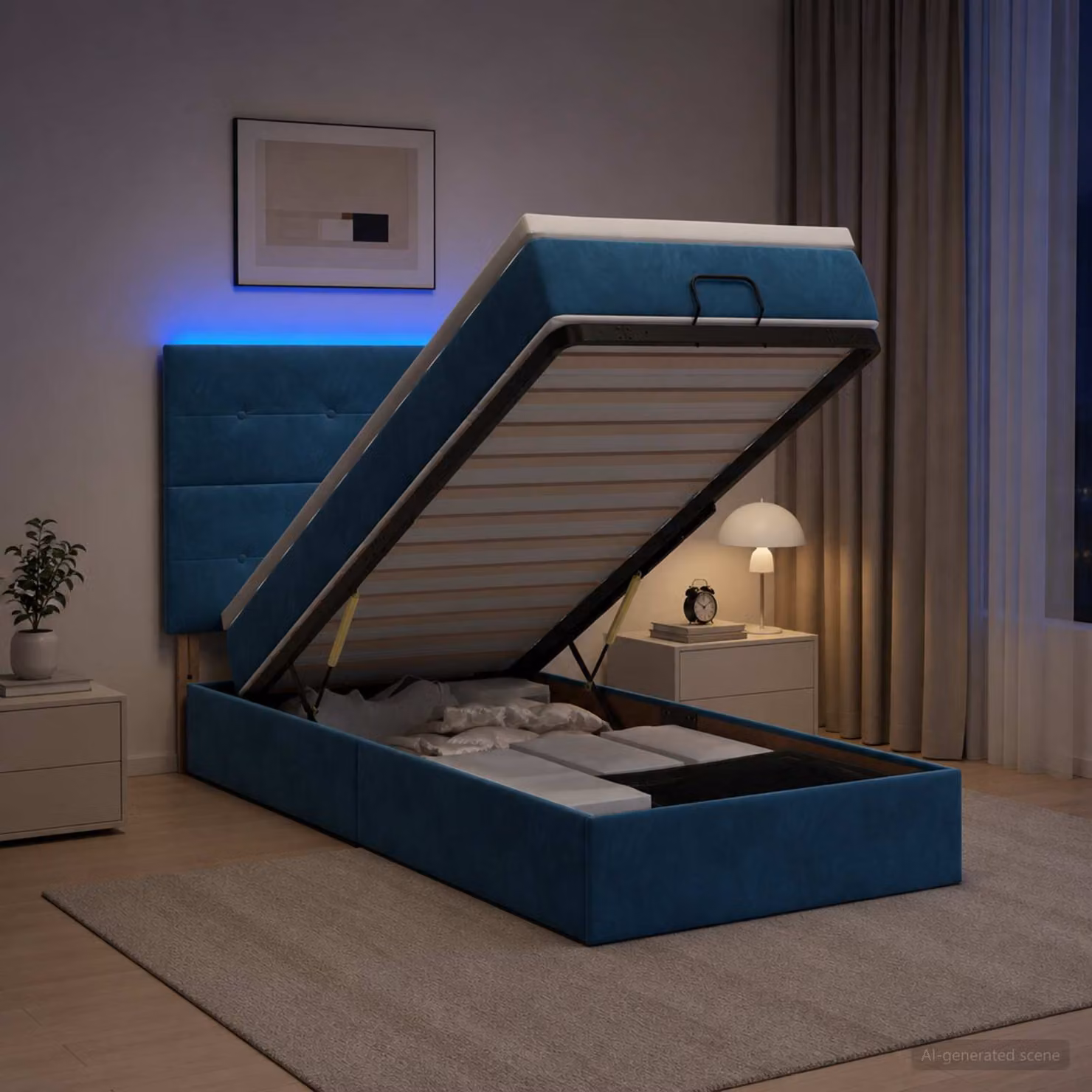 Letto Ottomano vidaXL con Materasso Ibrido e Illuminazione LED Blu scuro L: 200 cm, P: 90 cm, H: 88 cm