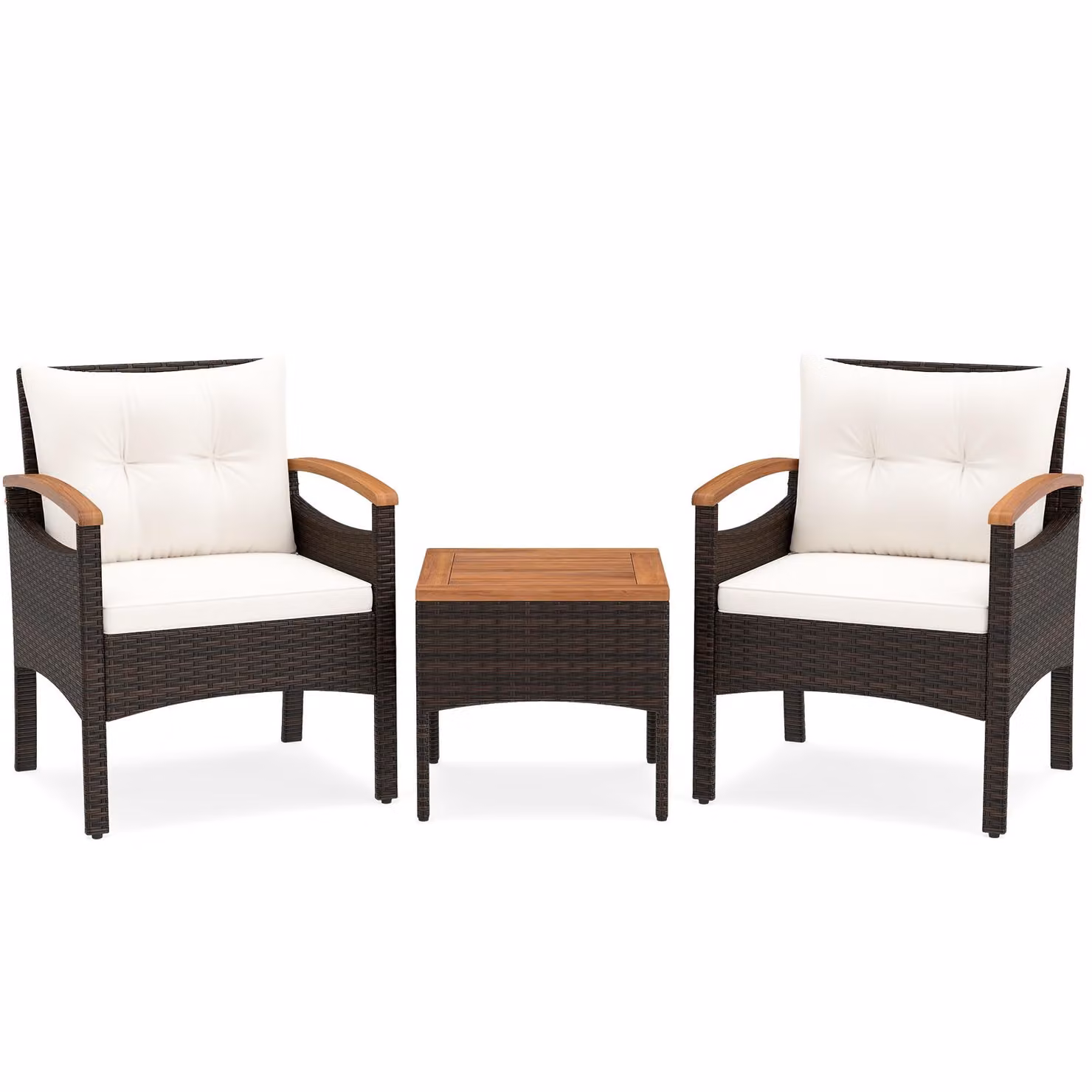 Set di mobili da giardino KOMFOTTEU, composto da 3 pezzi: mobili da terrazzo in rattan e legno di acacia, con 2 poltrone e 1 tavolino, ideali per giardino o balcone