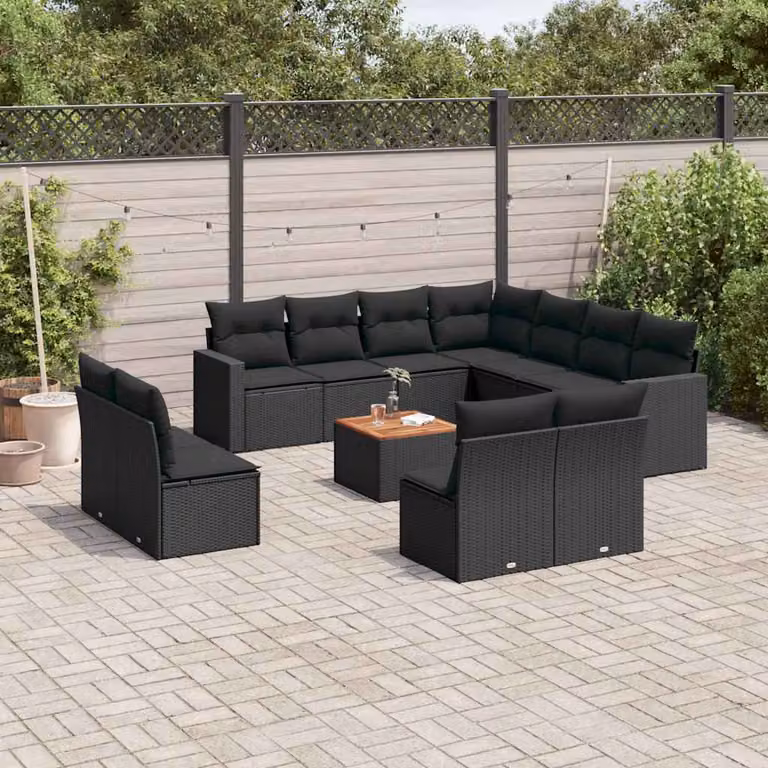 vidaXL Set Divani da Giardino 12 pz a Forma L con Cuscini Nero in Polyrattan e Legno di Acacia