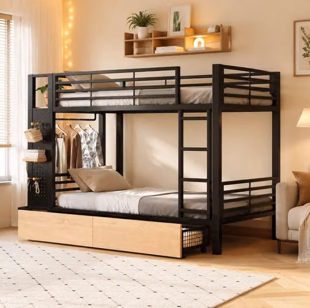 Letto a castello con LED e cassetti; MDF e metallo; 90 x 200 cm; nero