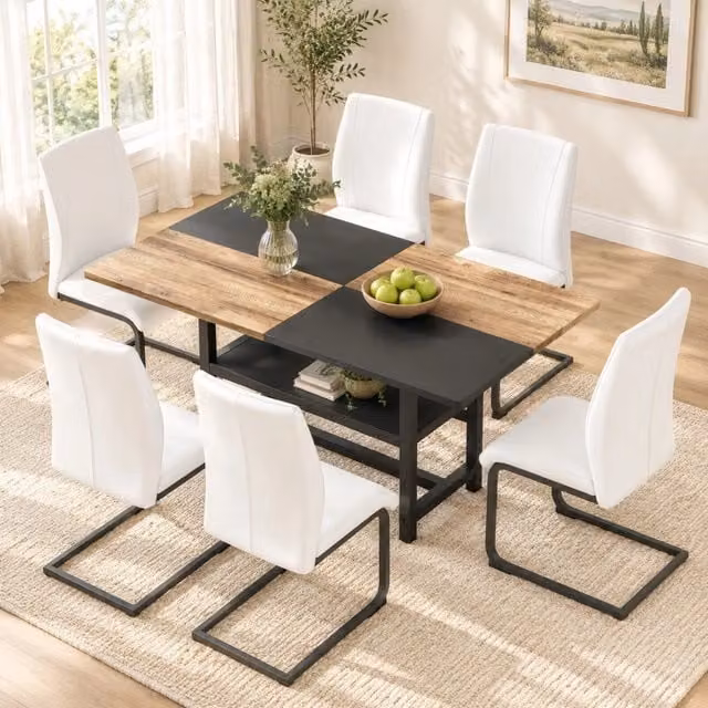 Set da pranzo moderno MIVRAY con tavolo rettangolare in MDF e 6 sedie in similpelle bianca e nera