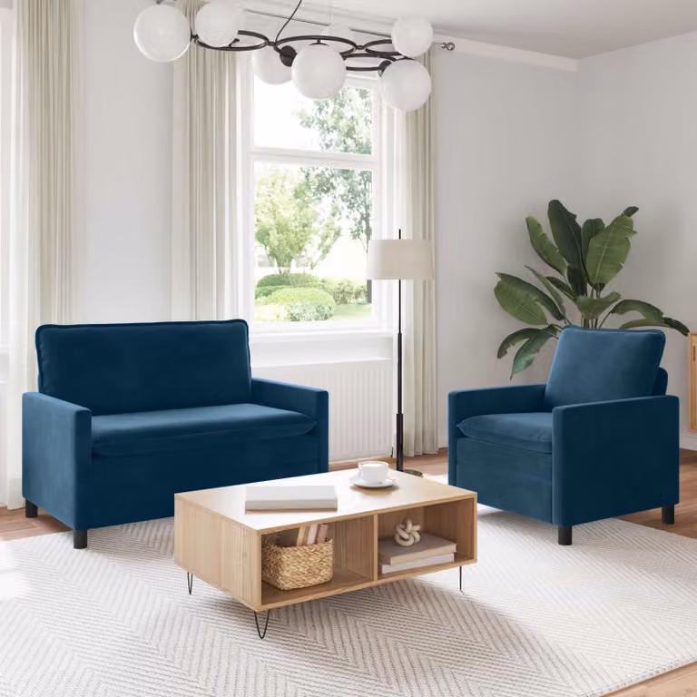 Set di 2 divani moderni vidaXL in velluto blu con cuscini decorativi e coperture rimovibili