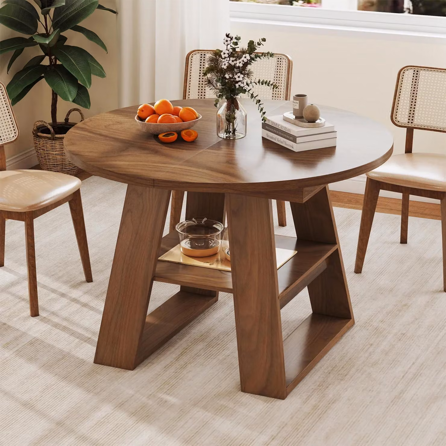 Tavolo da pranzo rotondo okwish con ripiani e piano allungabile, tavolo da cucina estensibile per 4-6 persone, noce