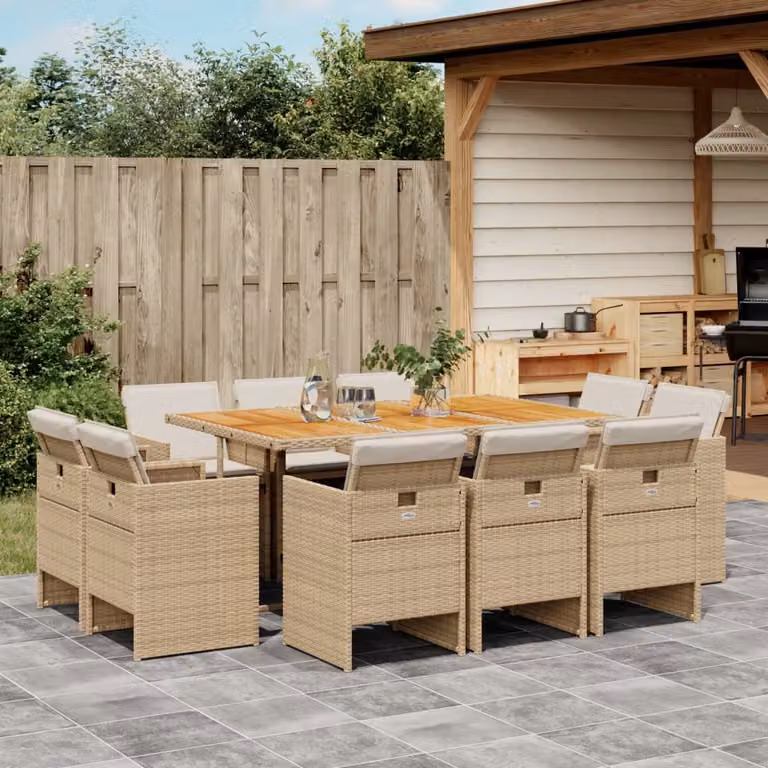vidaXL Set da Pranzo da Giardino 11 pz in Polyrattan e Legno di Acacia con Cuscini Beige