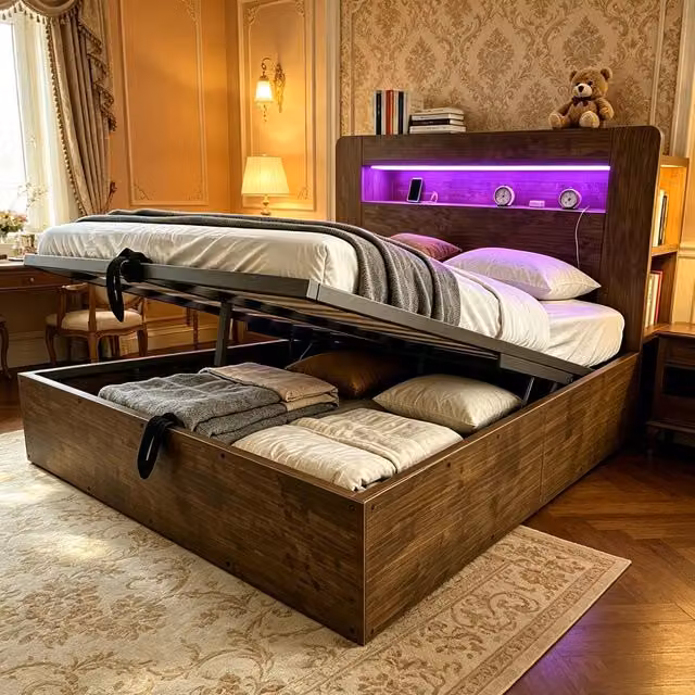 Letto Contenitore REDOM in Legno Marrone con Illuminazione LED e Prese USB, L/P: 140 x 200 cm