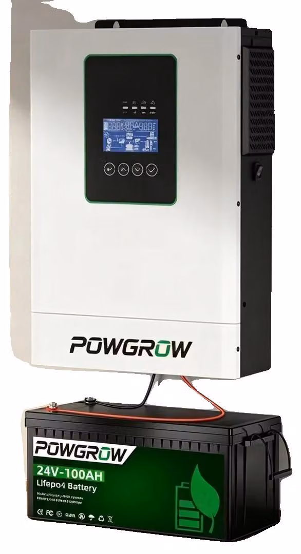 Inverter ibrido solare, potenza nominale 3600W, intervallo di tensione MPPT 40V-450V, potenza di picco 7,2 kVA, dimensioni 47cm x 33cm x 15cm, uscita a onda sinusoidale pura