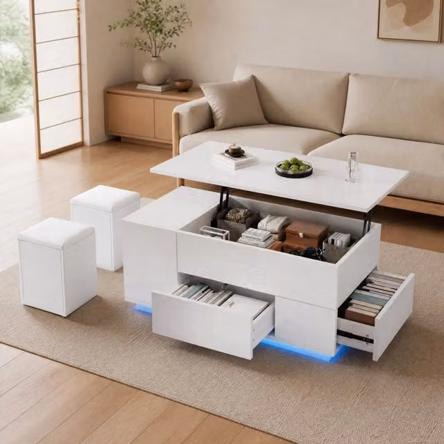 Tavolino da salotto ULEVR 100x50x45 cm elevabile con LED, 2 cassetti e 2 sgabelli contenitore, bianco