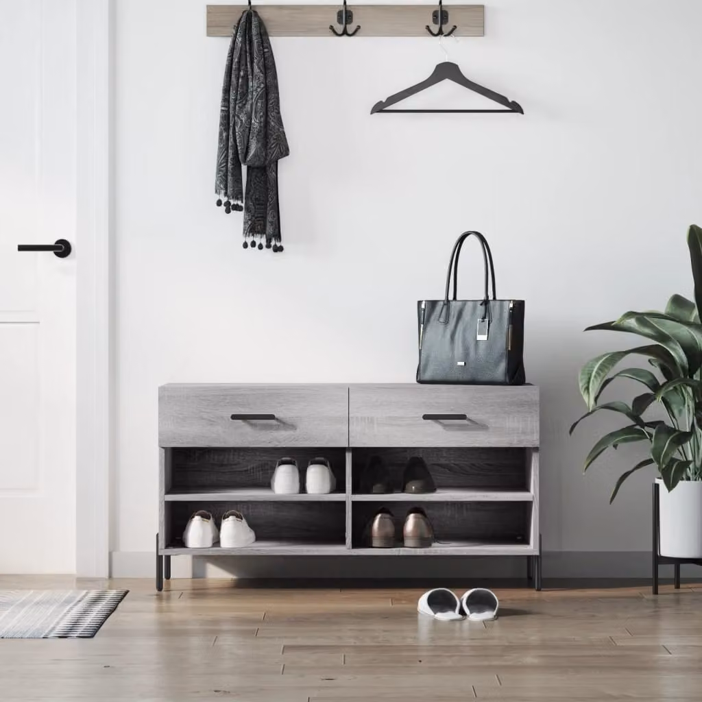 Panca porta scarpe vidaXL in legno e metallo, colore grigio, L 102 cm x P 35 cm x H 55 cm