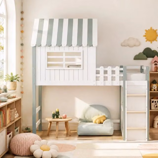 Letto a casetta per bambini singolo rialzato verde e bianco con struttura in legno e MDF L/P/H: 200 x 90 x 218,5 cm
