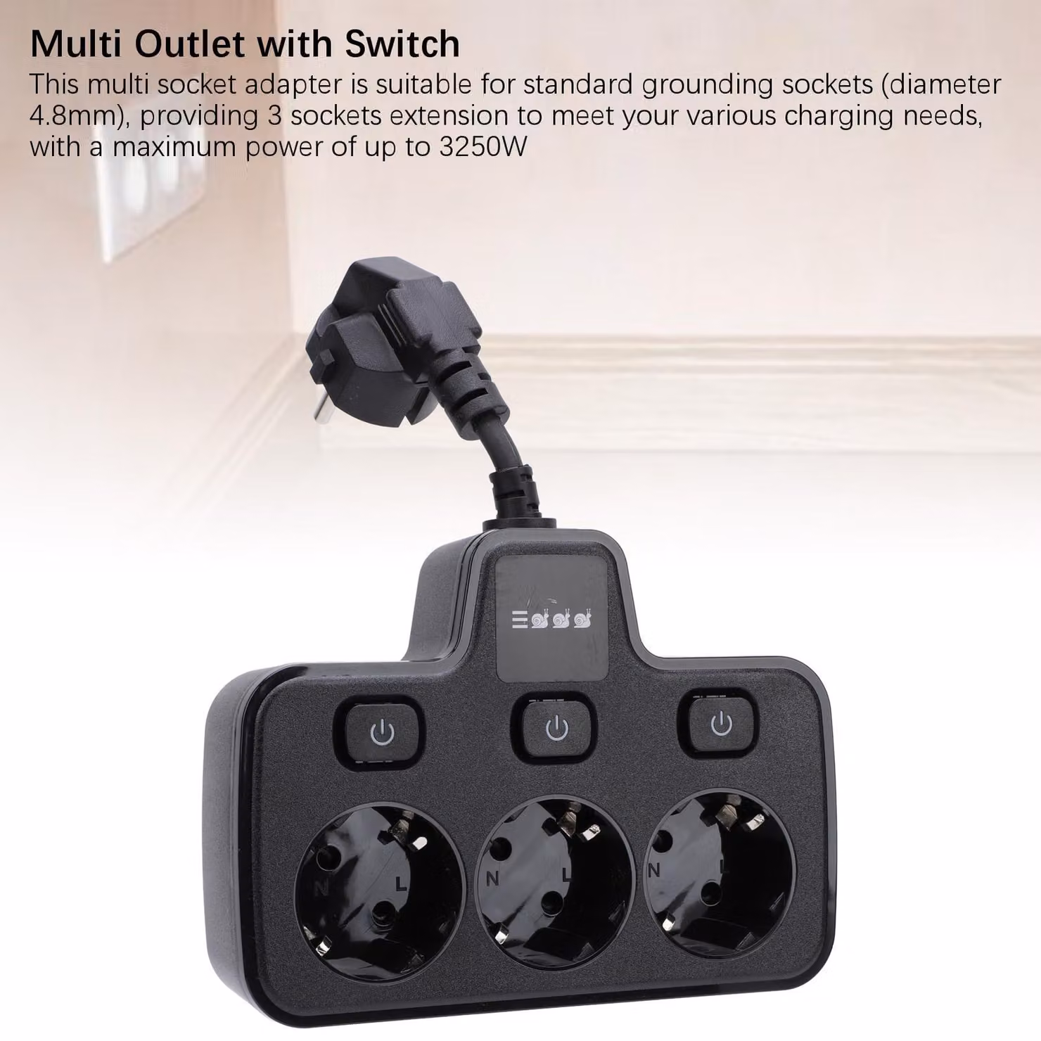 Prese multiple con interruttore indipendente, adattatore per prese multiple, prolunga con prese multiple da 3 vie e 2 pin con messa a terra, colore nero