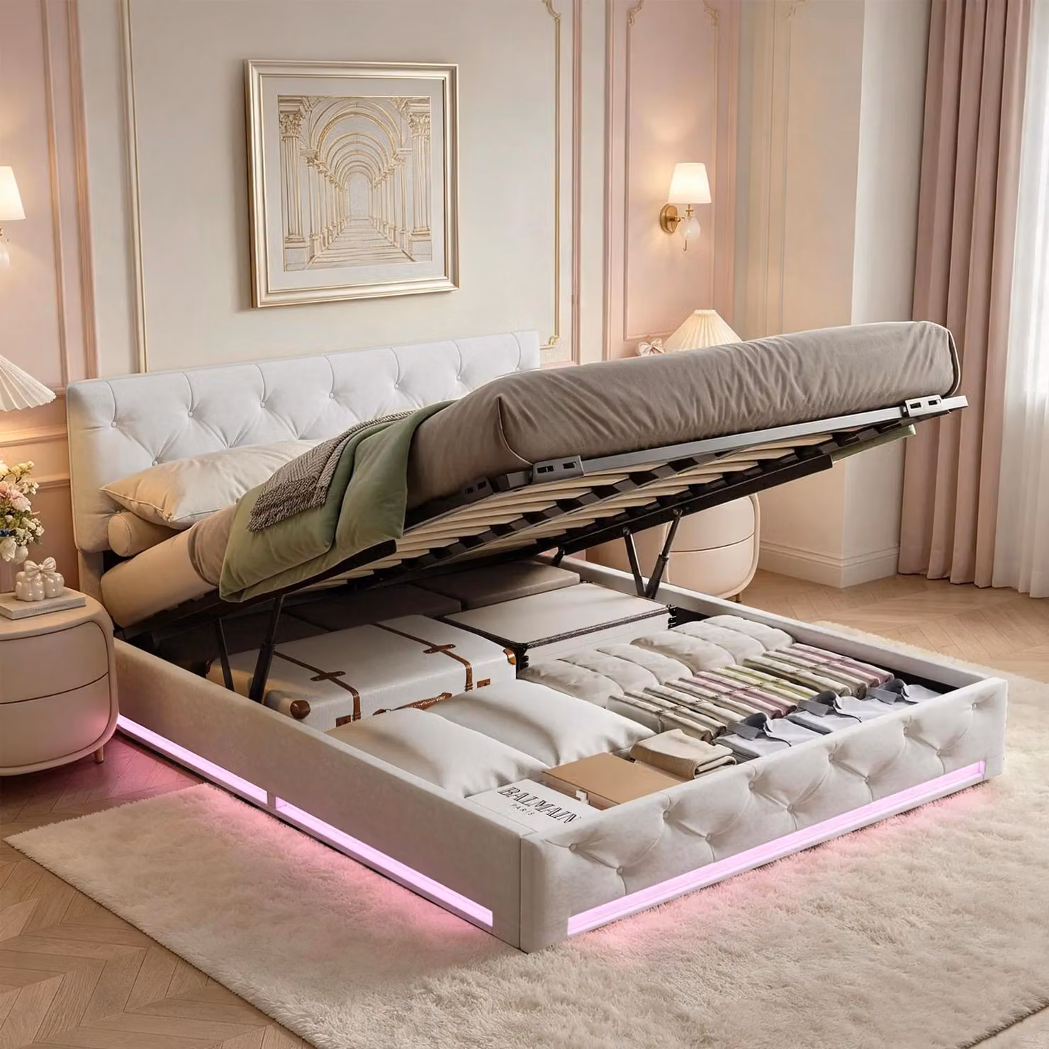 Letto imbottito INONEFT 140x200 cm con LED, letto matrimoniale con box e spazio contenitore, letto per ragazzi con rete a doghe, letto con sistema di sollevamento idraulico e spazio contenitore, tessuto: lino, colore: bianco panna