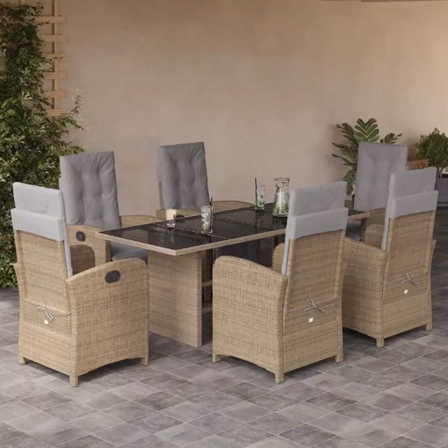 Set da pranzo da giardino vidaXL in polyrattan con cuscini beige e tavolo in vetro per 7 persone – 1