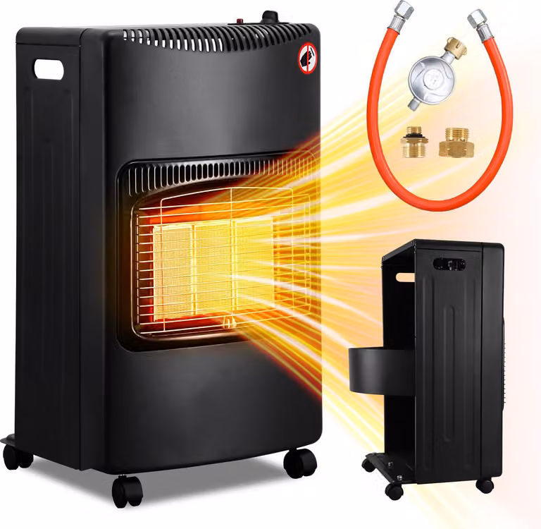 Riscaldatore a infrarossi Ikodm, nero, 4200 W, riscaldatore a gas, 3 livelli di potenza, regolatore di pressione, tubo da 0,5 m, 2 adattatori in ottone, protezione anticaduta, portatile