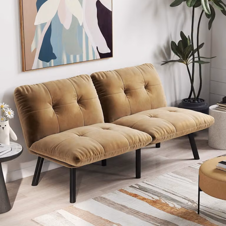 Divano letto moderno color crema - Divano a due posti in velluto con funzione letto e possibilità di stoccaggio