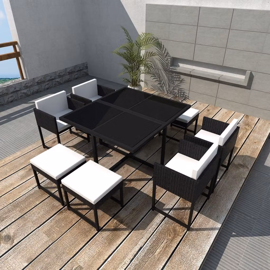 The Living Store Set da pranzo da giardino 9 pezzi con cuscini in poly rattan nero