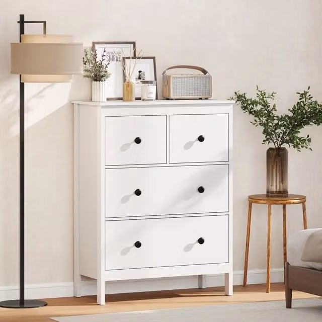 Cassettiera a 4 cassetti MODFU in MDF bianco con maniglie nere L/P/H: 74 x 35 x 97 cm