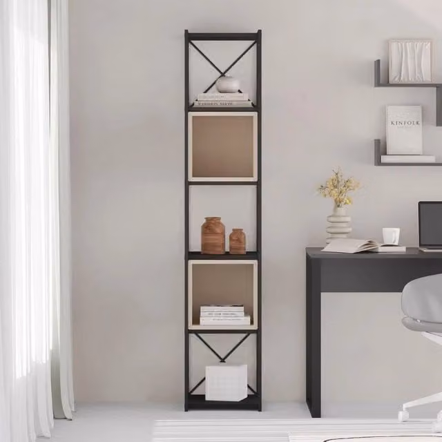 Libreria Vale Mini Veriaffari con struttura in metallo nero e cubotti colore cashmere, stile industriale, L: 36.2 cm, P: 39 cm, H: 179 cm