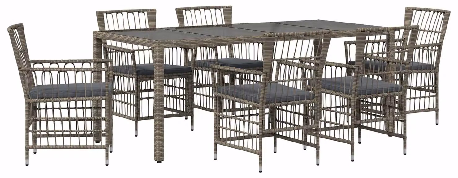 Set da esterno per 7 persone, colore grigio, realizzato in rattan sintetico
