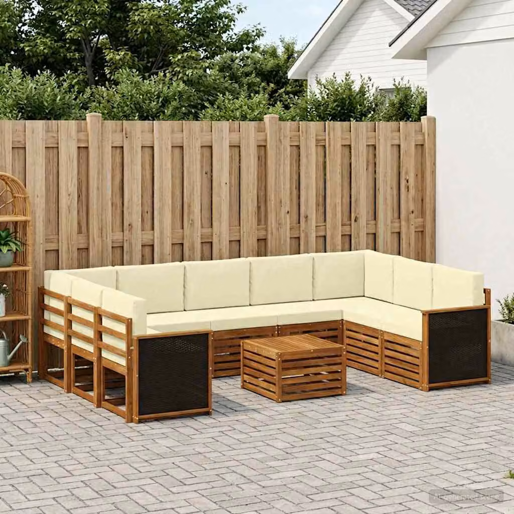 vidaXL Set di divani da esterno 10 pezzi in legno di acacia con cuscini, colore beige e marrone