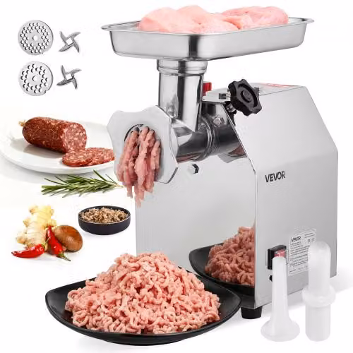 VEVOR Tritacarne Elettrico da Tavolo in Acciaio Inox Silver, 850 W con Insaccatore, Capacità 3,18 kg/min