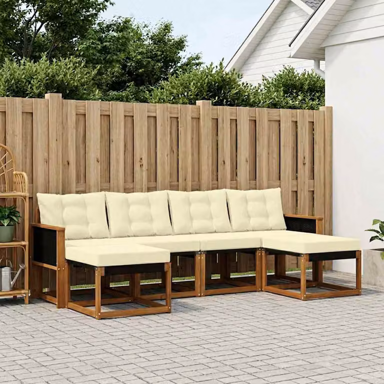 Set di divani da esterno vidaXL a forma di L composto da 6 pezzi in legno di acacia con sedute in textilene e cuscini inclusi, colori beige, bianco e marrone