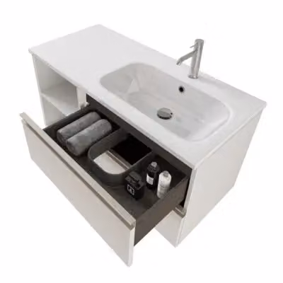 Mobile bagno sospeso Master INBAGNO bianco opaco con lavabo a destra e specchio contenitore L: 101 cm, P: 46 cm, H: 75 cm – 2