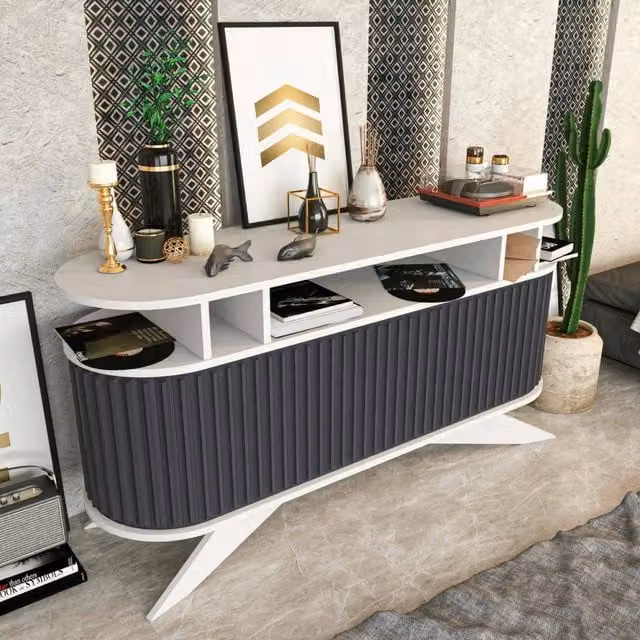 Credenza Joy, Buffet da soggiorno, Madia da salotto, Dispensa da cucina, 150x43h75 cm, Bianco e Antracite