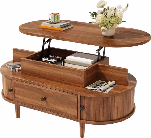 Tavolino da salotto ovale con piano sollevabile idraulico centrale, MDF, gambe coniche in legno di albero della gomma, 1 grande cassetto, 2 ante scorrevoli, 2 ripiani aperti, maniglie rotonde