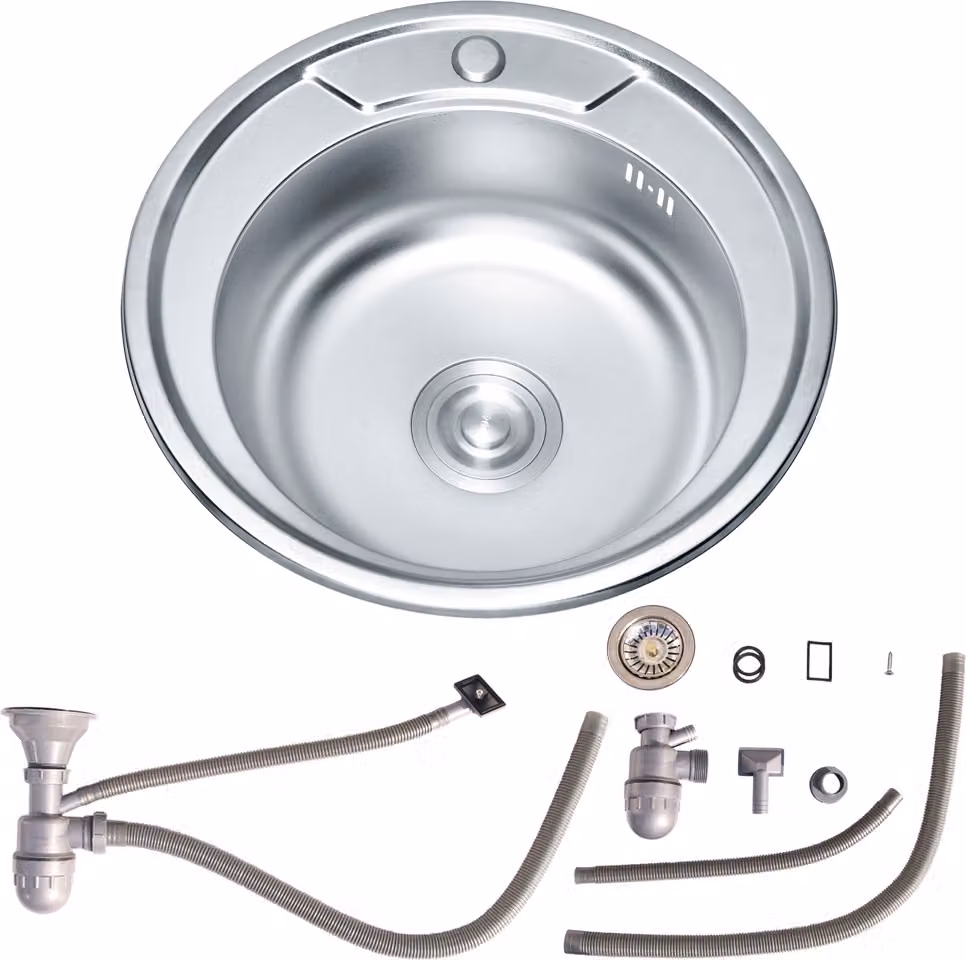 Lavello rotondo da incasso in acciaio inox da 50 cm con ripiano, sifone e scarico a scomparsa