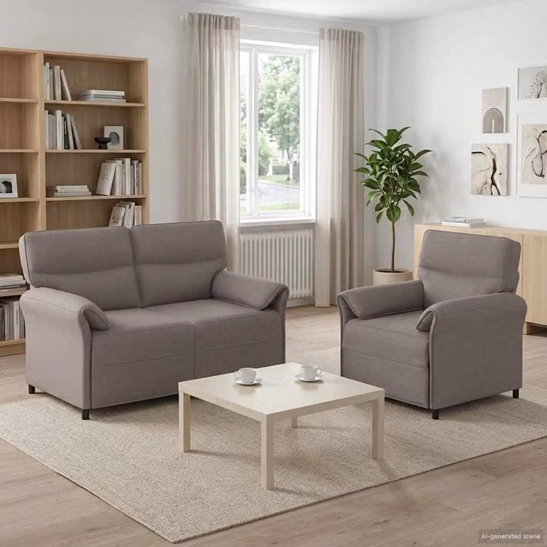 Set di divani vidaXL composto da un divano a 2 posti e una poltrona in tessuto beige o grigio con struttura in metallo e cuscini inclusi