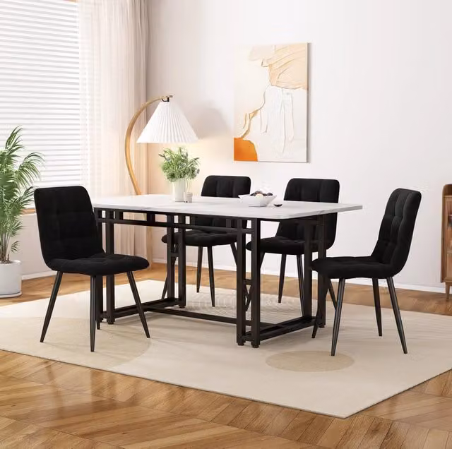 Tavolo da pranzo 120x70 cm nero con 4 sedie in velluto