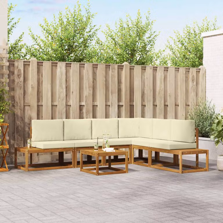 Set di divani da esterno vidaXL a forma di L in legno di acacia con tavolo da caffè e cuscini, Marrone e Beige