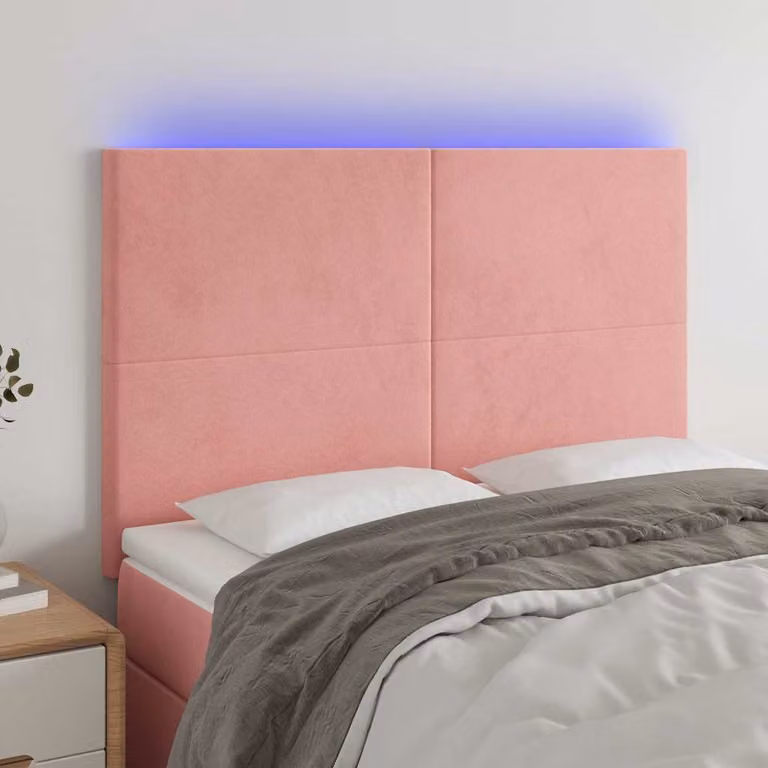 Testiera per letto con illuminazione LED e porta di ricarica USB vidaXL in velluto rosa, L: 144 cm, P: 5 cm, H: 118-128 cm