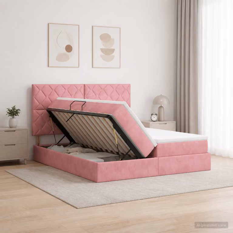 Letto con contenitore e testiera vidaXL in velluto rosa, L 180 x P 200 cm