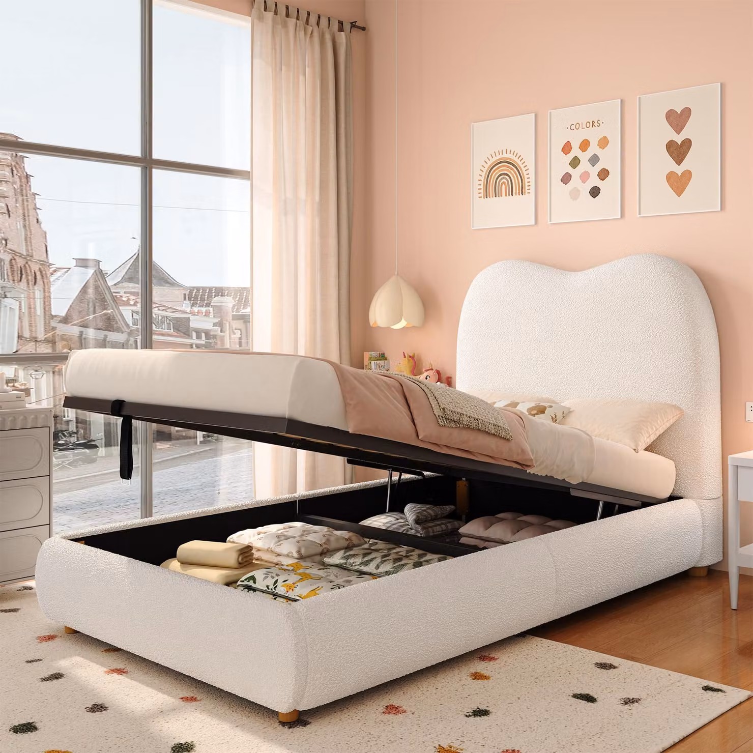 MODFU letto singolo 90x200 imbottito con testiera e ampio vano contenitore, struttura letto funzionale con rete a doghe, letto per bambini senza materasso, beige