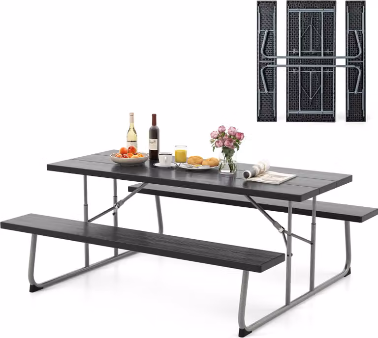 Set di tende da birra pieghevoli COSTWAY, set di tavoli da birra da 183 cm con piano in HDPE, foro per ombrellone e struttura in metallo, set di sedute, nero