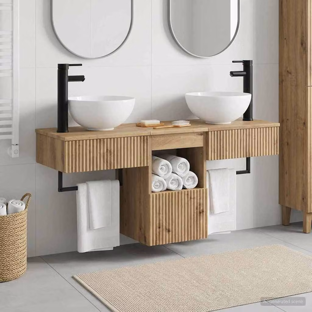 Set di mobili da bagno moderno vidaXL in legno marrone composto da 3 pezzi con mobile lavabo e pensili sospesi