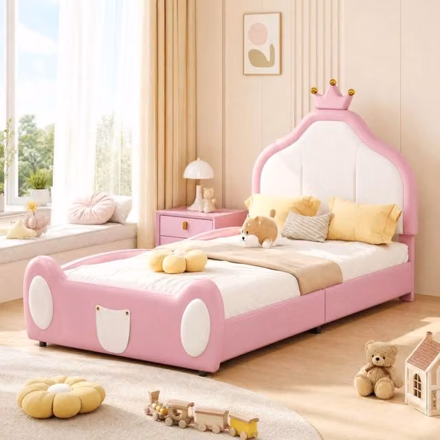 Letto singolo REDOM per bambini in ecopelle bianco e rosa con testiera imbottita L/P/H: 200 x 90 x 117 cm