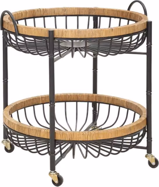 Carrello Cebu a doppio cestino in ferro e rattan con ruote — 57x55,5x62,5 cm