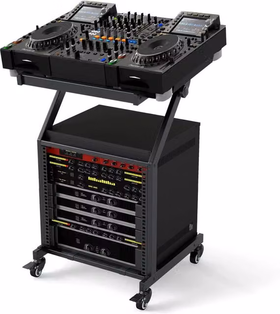 Supporto mixer dj 9u audio professionale 2 strati barre regolabili, Supporto ruote bloccabili carrello palco robusto mobile