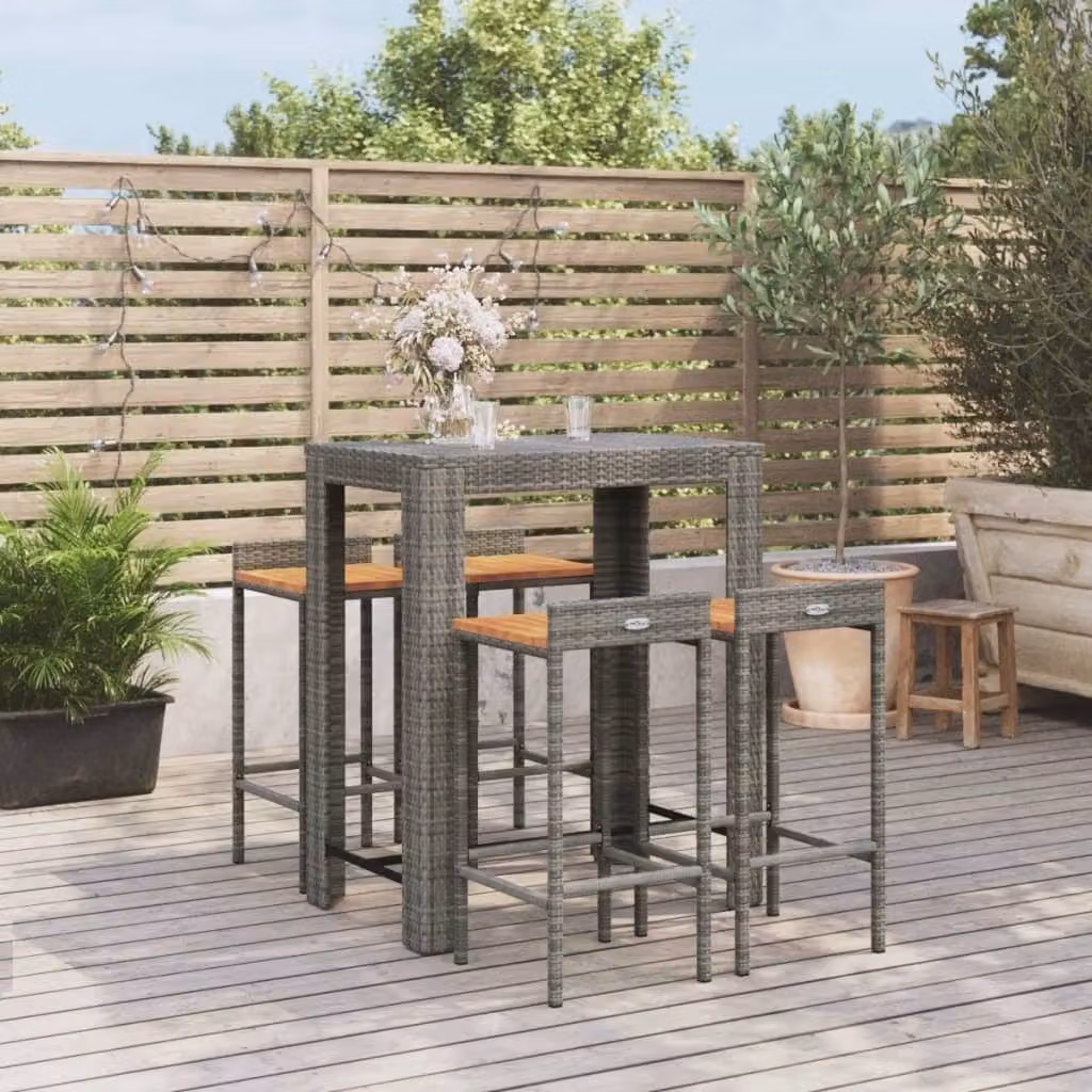 The Living Store Set bar da giardino 5 pz. Set bar da giardino in poly rattan grigio e legno massiccio di acacia