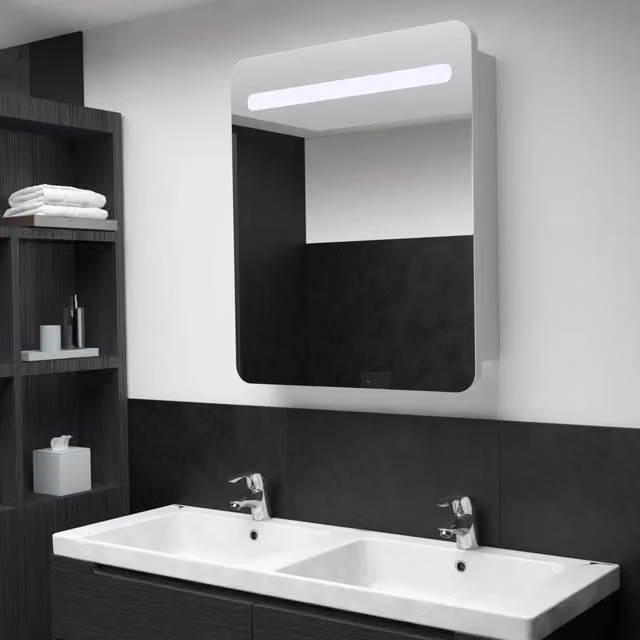 Armadietto da bagno moderno vidaXL con specchio e illuminazione LED, bianco e argento, L: 68 cm, P: 9 cm, H: 80 cm