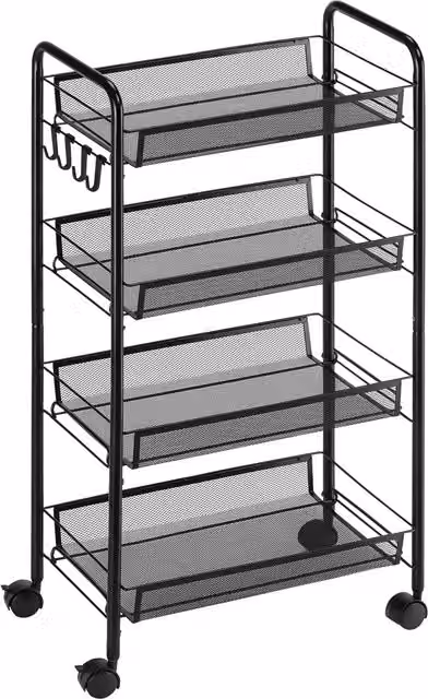 Carrello da cucina HOMCOM con 4 ripiani rimovibili, ganci e ruote, in metallo e plastica, Nero, L 45 cm x P 26,5 cm x H 84 cm – 1