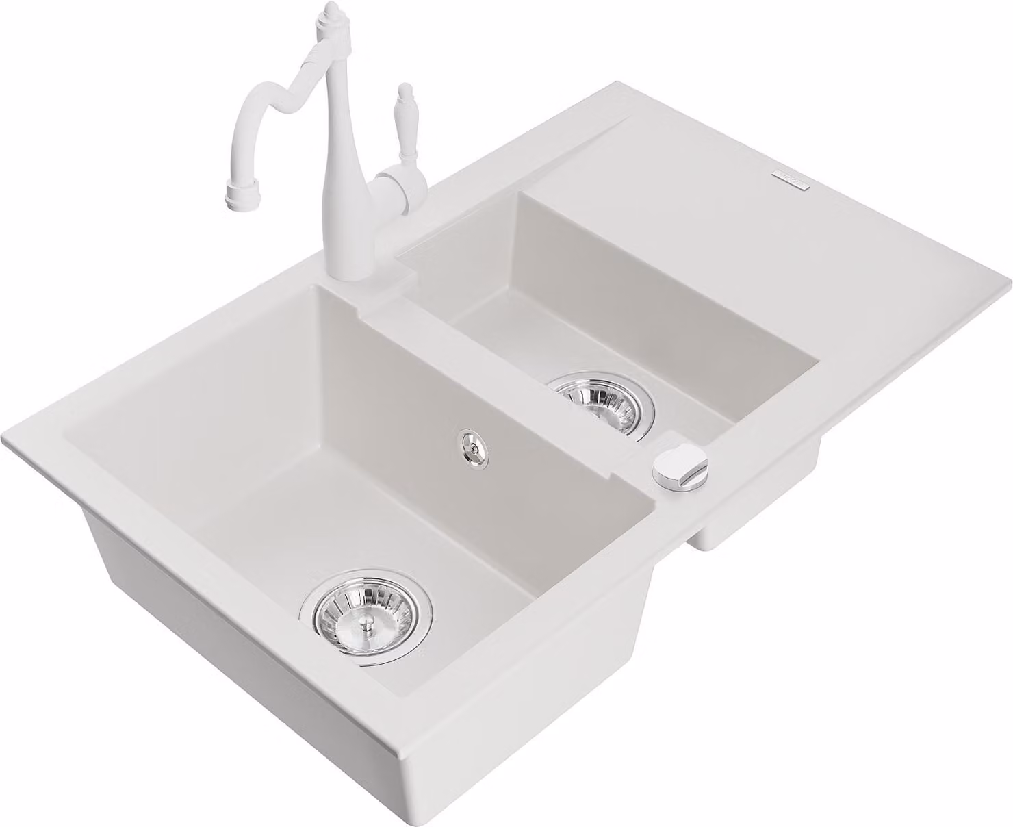 Mexen Gaspar lavello in granito 1,5 vasche con scivolo e rubinetto da cucina Carla, bianco - 6507-20-670700-20