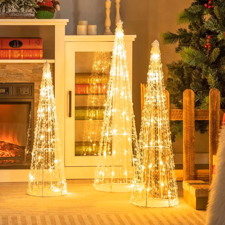 COSTWAY Albero di Natale a 3 LED a forma di cono 81/72/62cm, decorazione natalizia illuminata con 90 LED in bianco caldo e stringhe di stelle, luci per albero di Natale in metallo